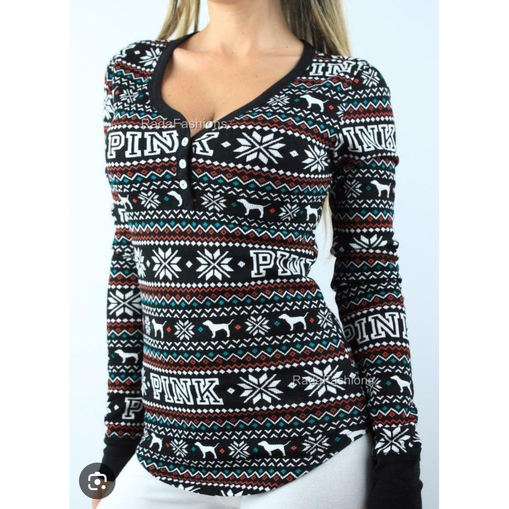 PINK Victoria's Secret Henley Thermal Top Small Black Fair Isle Logo Excellent